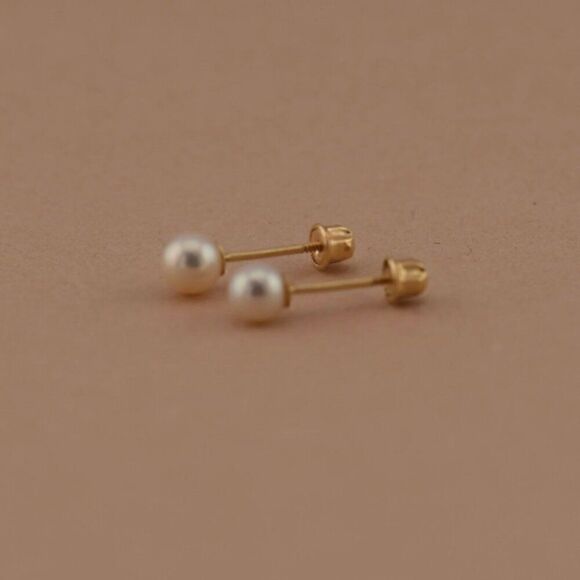 14k Solid Gold 5 mm Pearl Stud Earrings | Birthday Gift | Everyday Jewelry | - Picture 7 of 7